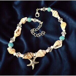 Beachy Silver & Turquoise Shell Anklet Size 9.5 to 11